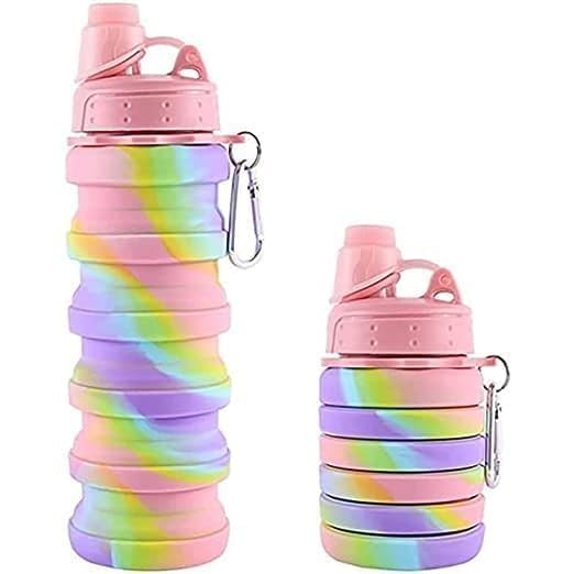 Rainbow Collapsible Folding Water Bottles for Kids, Students, Adults, Reusable BPA Free Silicone Foldable Sports Water Bottles for Travel Camping Hiking, Pink, 1 Liters (Random Color)