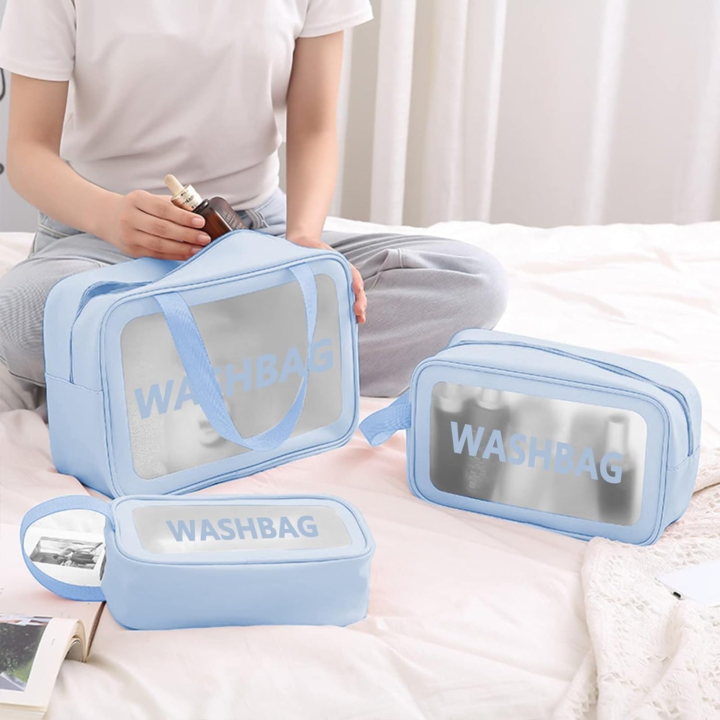 Set of 3 Transparent Waterproof Travel Wash Bag/Toiletry Organizer Pouch with Handle (Blue)