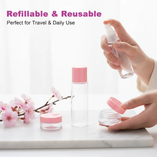 7-Pieces Travel Size Cosmetic Bottle Kit – Portable Refillable Travel Containers Set for Shampoo, Lotion & Toiletrie( Random Color)