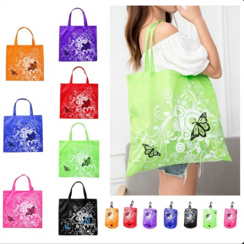 Butterfly Design Folding Shopping Bag with Clip – Reusable Polyester Tote (Random color-Pack of 1 )