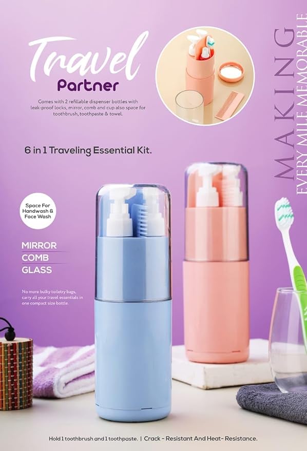 7-in-1 Travel Essentials Kit for Men & Women Compact Personal Care Organizer with Toiletry Bottles, Toothbrush, Comb Portable Grooming Set for Business & Leisure Trips