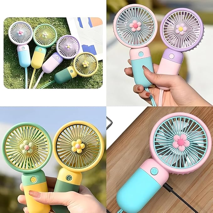 Korean Style Portable USB Fan – Rechargeable 1200mAh Battery, Up to 6 Hours Working Time, 3-Speed Modes, Low Noise, Compact & Lightweight with USB Cable (Random Color)