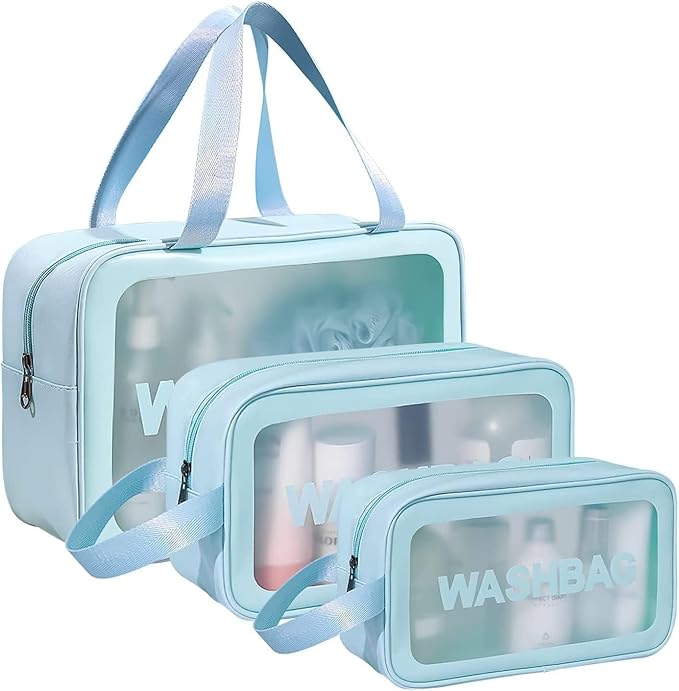 Set of 3 Transparent Waterproof Travel Wash Bag/Toiletry Organizer Pouch with Handle (Blue)