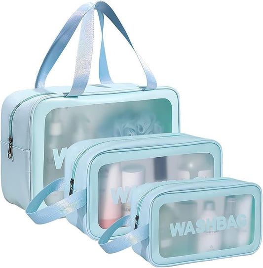 Set of 3 Transparent Waterproof Travel Wash Bag/Toiletry Organizer Pouch with Handle (Blue)