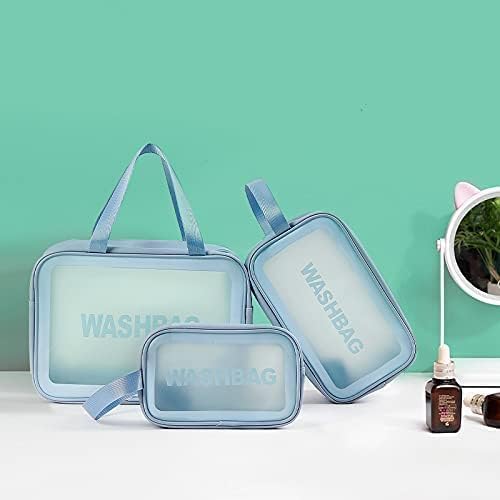 Set of 3 Transparent Waterproof Travel Wash Bag/Toiletry Organizer Pouch with Handle (Blue)