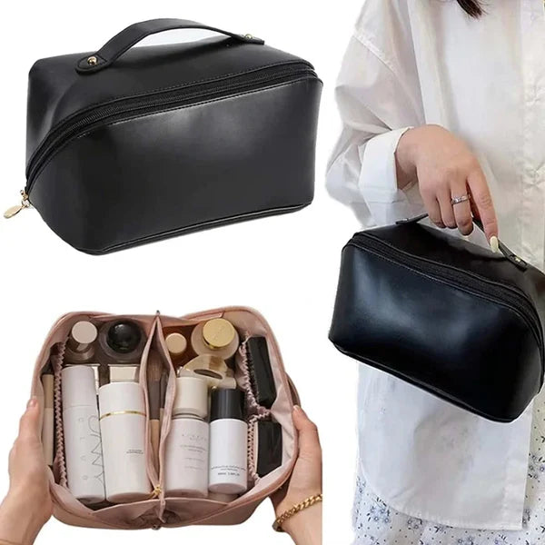 Large Capacity Travel Cosmetic Bag – Waterproof Leather Makeup Organizer with Compartments (Pack of 1)