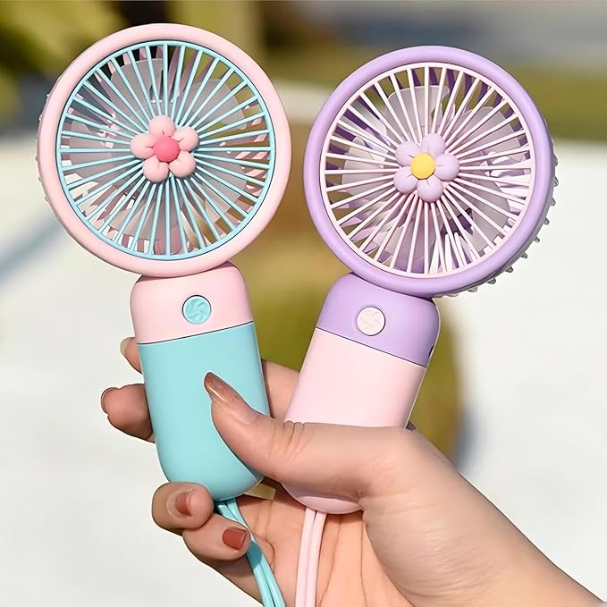 Korean Style Portable USB Fan – Rechargeable 1200mAh Battery, Up to 6 Hours Working Time, 3-Speed Modes, Low Noise, Compact & Lightweight with USB Cable (Random Color)
