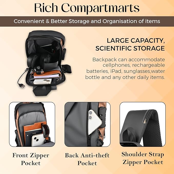 Waterproof Polyester Slim Unisex Crossbody Sling Bag Chest Backpack Men's Shoulder Bag, Leisure Travel Handbag, Hard Shell Anti-Theft Chest Bag