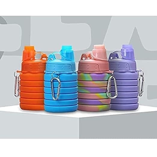 Rainbow Collapsible Folding Water Bottles for Kids, Students, Adults, Reusable BPA Free Silicone Foldable Sports Water Bottles for Travel Camping Hiking, Pink, 1 Liters (Random Color)