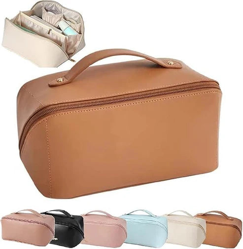 Large Capacity Travel Cosmetic Bag – Waterproof Leather Makeup Organizer with Compartments (Pack of 1)