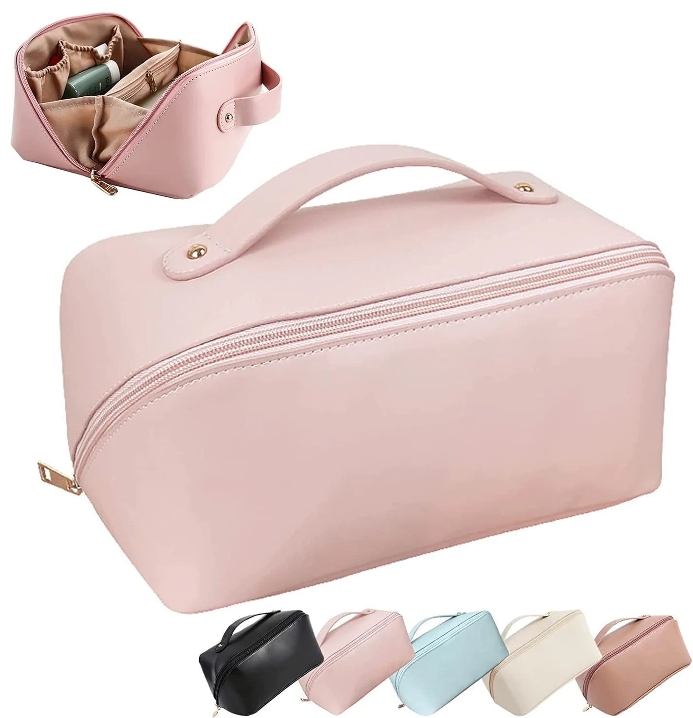 Large Capacity Travel Cosmetic Bag – Waterproof Leather Makeup Organizer with Compartments (Pack of 1)