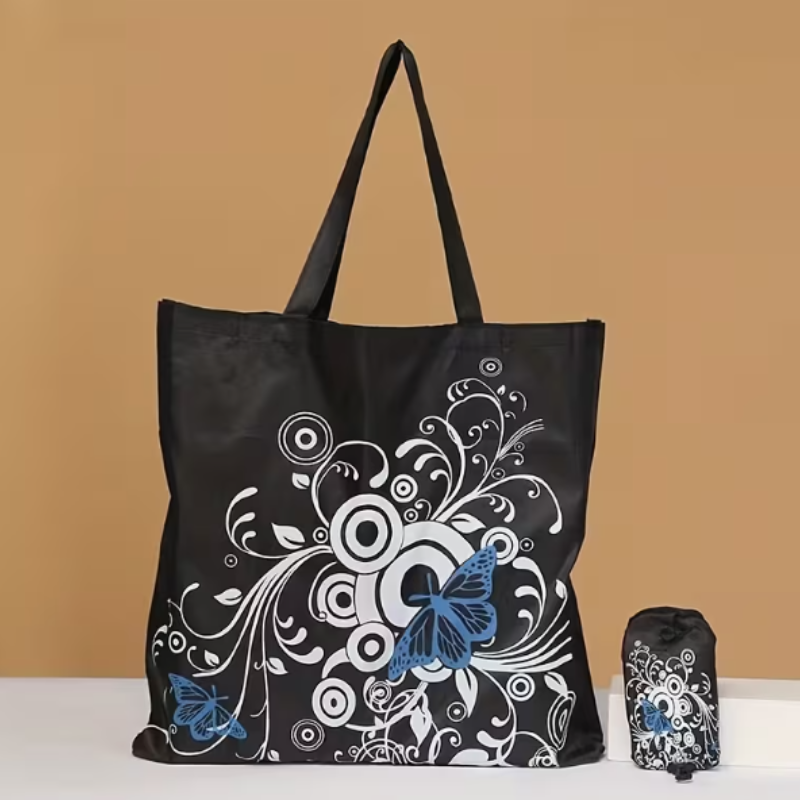 Butterfly Design Folding Shopping Bag with Clip – Reusable Polyester Tote (Random color-Pack of 1 )