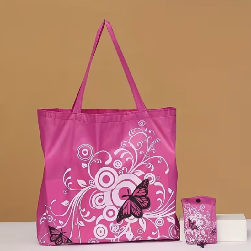 Butterfly Design Folding Shopping Bag with Clip – Reusable Polyester Tote (Random color-Pack of 1 )