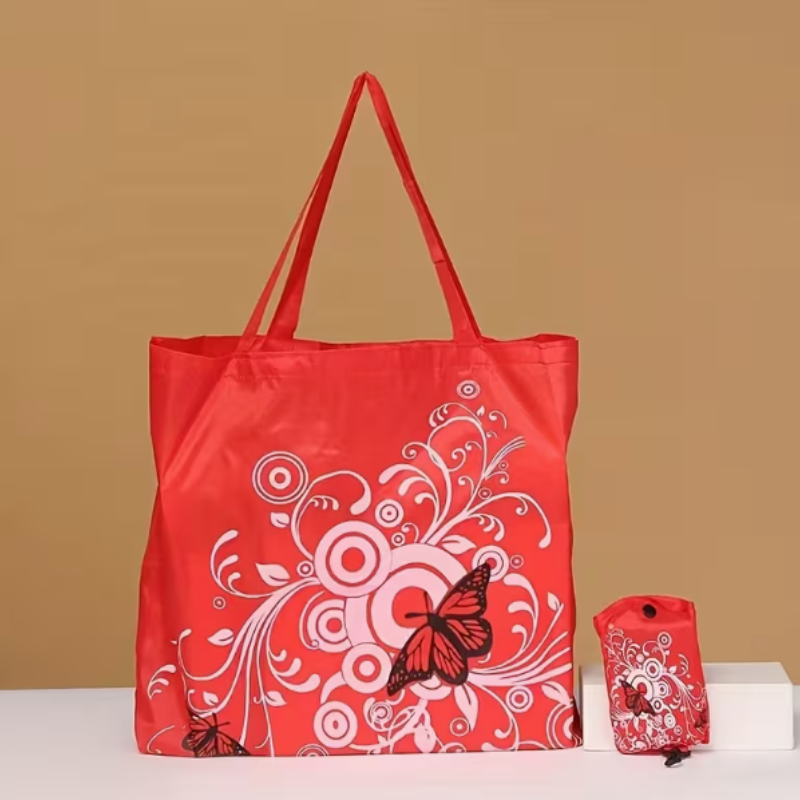 Butterfly Design Folding Shopping Bag with Clip – Reusable Polyester Tote (Random color-Pack of 1 )