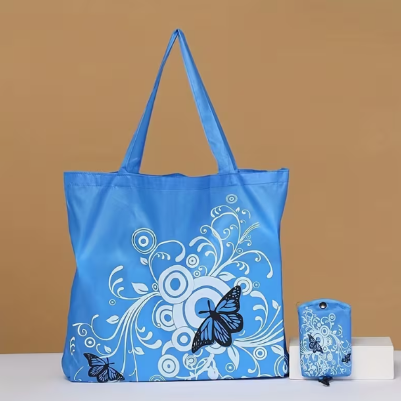 Butterfly Design Folding Shopping Bag with Clip – Reusable Polyester Tote (Random color-Pack of 1 )