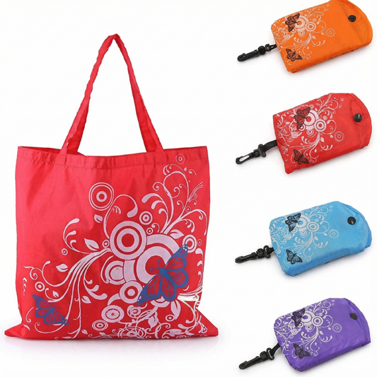 Butterfly Design Folding Shopping Bag with Clip – Reusable Polyester Tote (Random color-Pack of 1 )