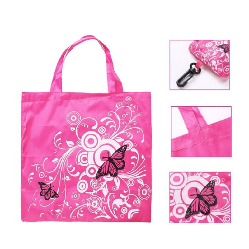 Butterfly Design Folding Shopping Bag with Clip – Reusable Polyester Tote (Random color-Pack of 1 )