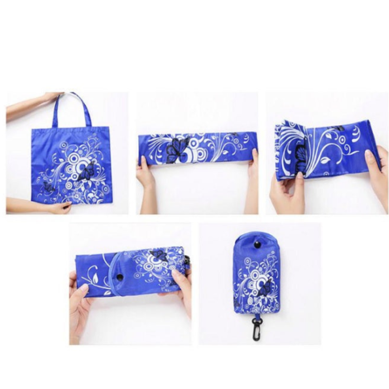 Butterfly Design Folding Shopping Bag with Clip – Reusable Polyester Tote (Random color-Pack of 1 )